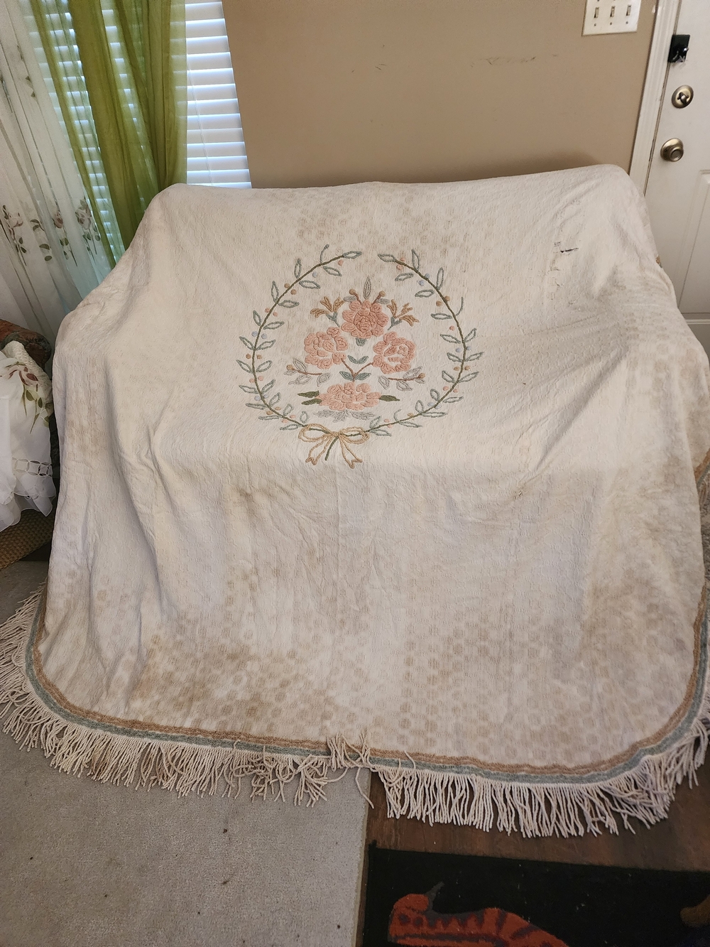 Needs Work, Cleaning, Embroidered Chenille Bedspread & Curtains